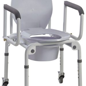 Steel Drop-Arm Commode with Wheels and Padded Armrests